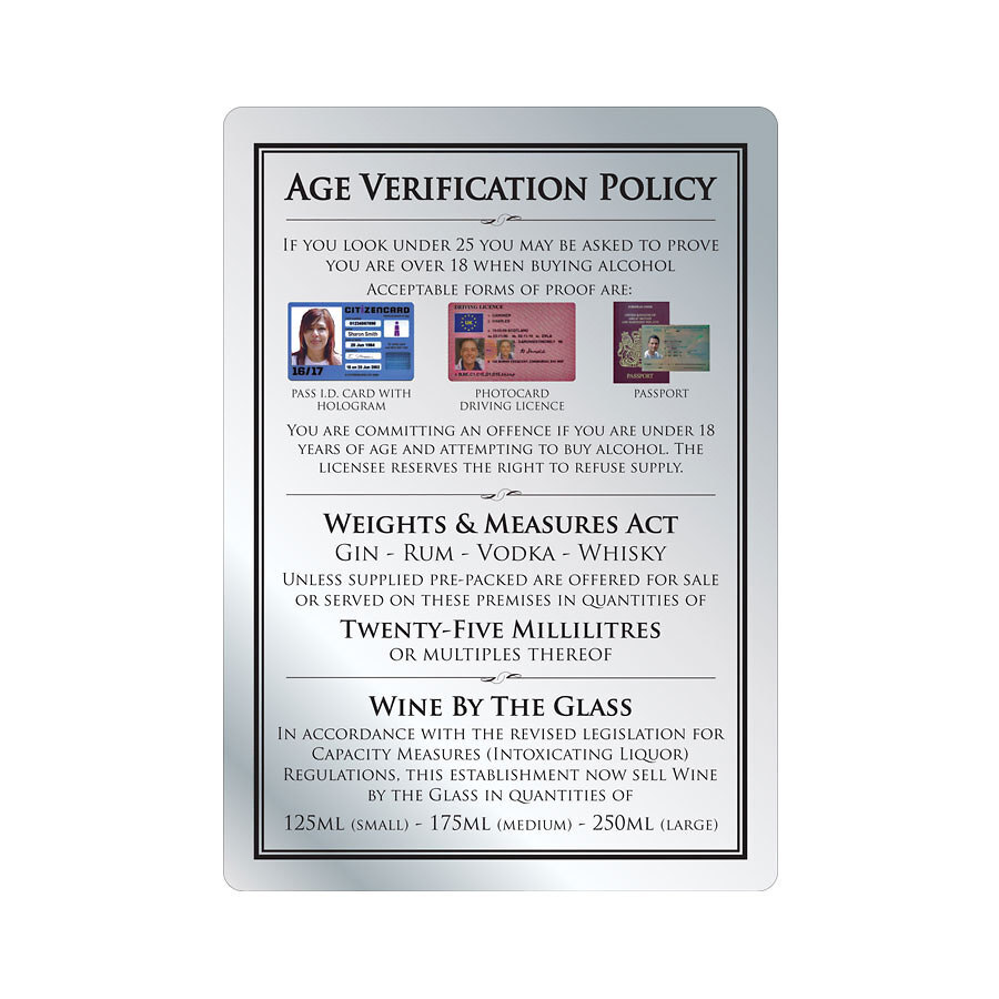 Mileta Silver Aluminium 21 x 29.7cm Rectangle Sign - Age Verification Policy Notice