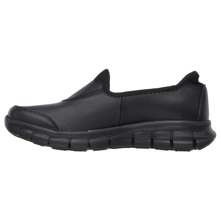 Skechers Sure Track Black Leather Slip Resistant Ladies Slip On Shoe